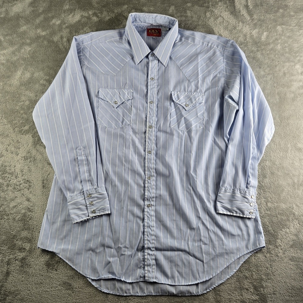 Ely Plains Shirt Men 18 34/35 Light Blue Striped Pearl Snap Cowboy Rodeo Western